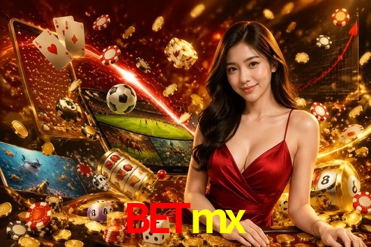 Una escena digital vívida inspirada en casino con Betmx mostrado prominentemente, luces brillantes, fichas, cartas y acentos dorados.