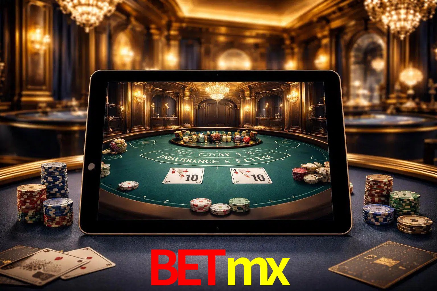 Configuración moderna de casino en vivo con una tableta mostrando una mesa de blackjack, luces cálidas de estudio y una atmósfera elegante de juegos digitales.