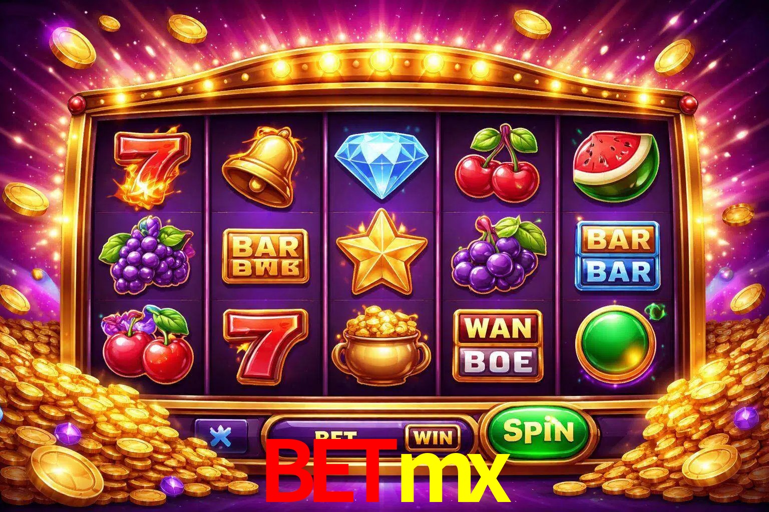 Una interfaz colorida de tragamonedas en línea con símbolos brillantes, monedas y un efecto de victoria celebratoria en Betmx.