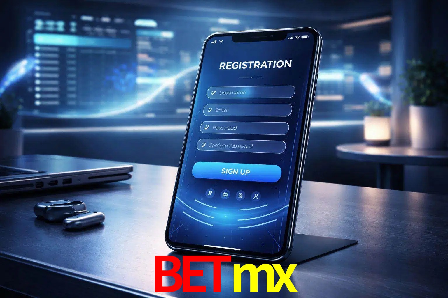 Una interfaz moderna de registro móvil para Betmx mostrada en un smartphone con un panel de apuestas elegante.